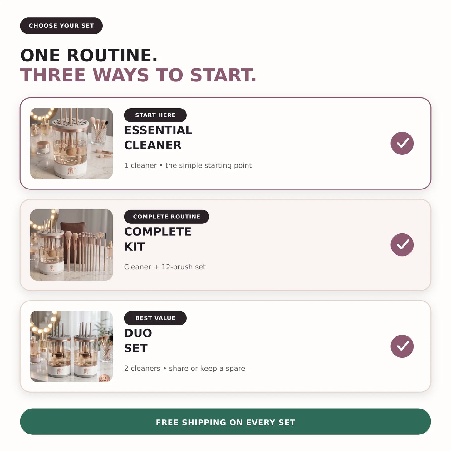 Compare Makevelle Essential Cleaner, Complete Kit and Duo Set