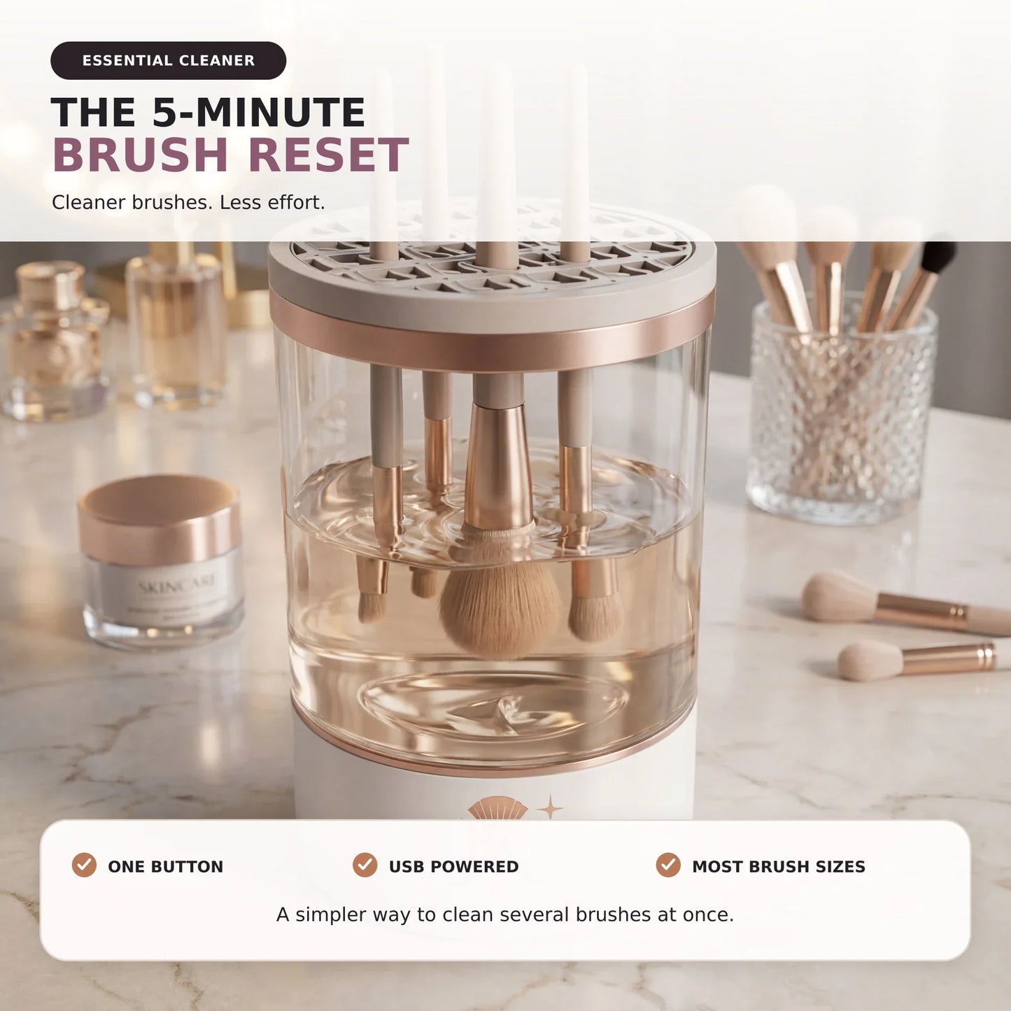 Makevelle Essential Cleaner with one-button, USB-powered and multi-brush benefits