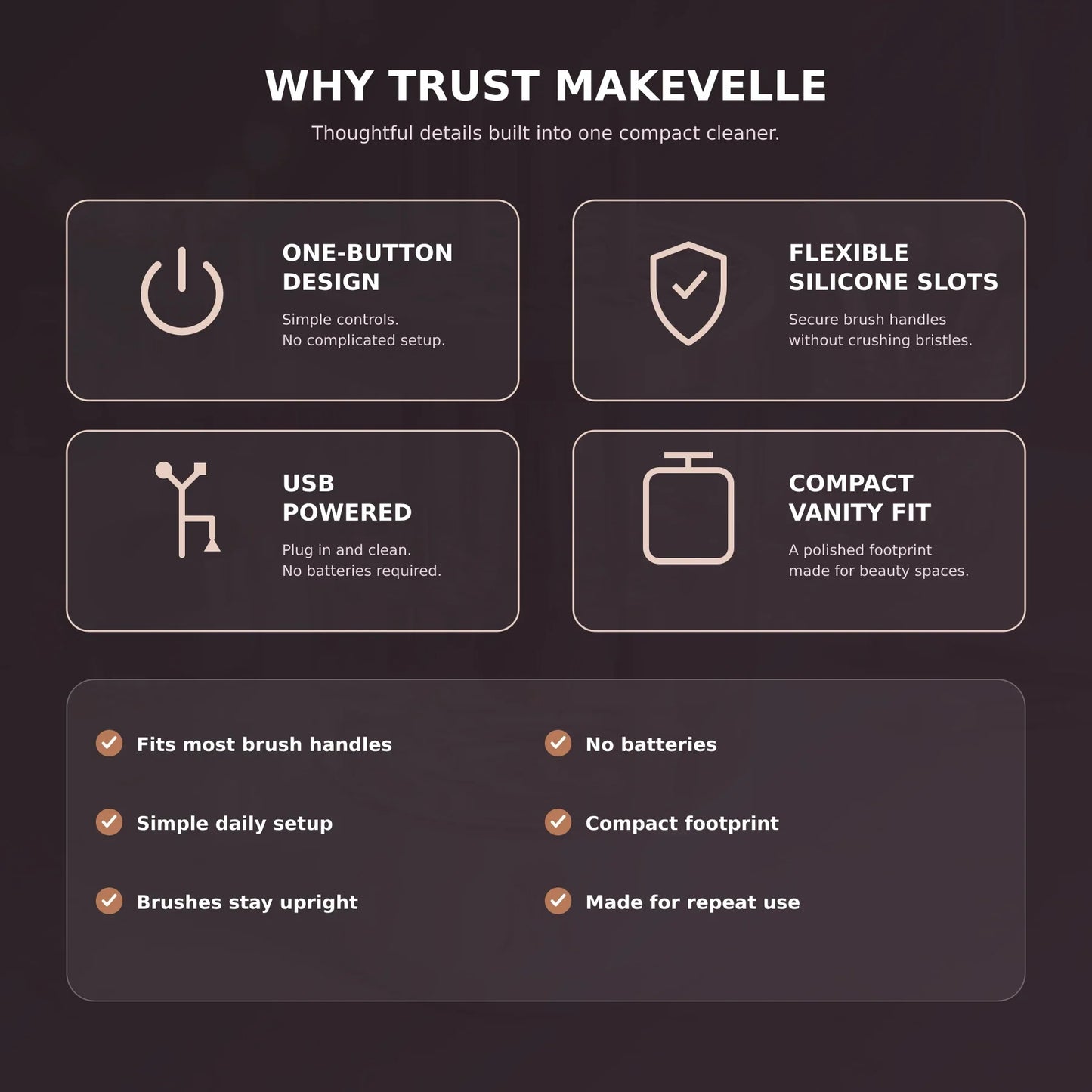 Why trust Makevelle: one-button design, silicone slots, USB power and compact size